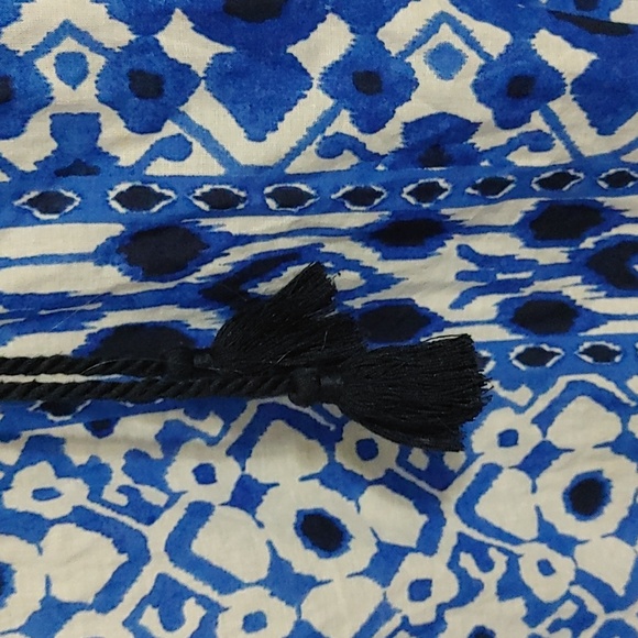 Jones New York Blue Patterned Women's XL Top Puff Sleeve Tassels Elastic Hem - Picture 5 of 8